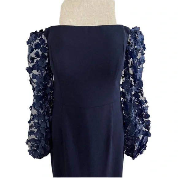 ELIZA J Off The Shoulder 3D Floral Sleeve Navy scuba crepe Blue Gown size 8 - Picture 8 of 13
